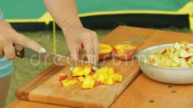 年轻女子在野餐时用刀子切一把桃刀做水果沙拉。